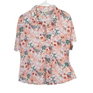 Garnet Hill Button Up Shirt Linen Floral Print Short Sleeve Size 10 Pink Green